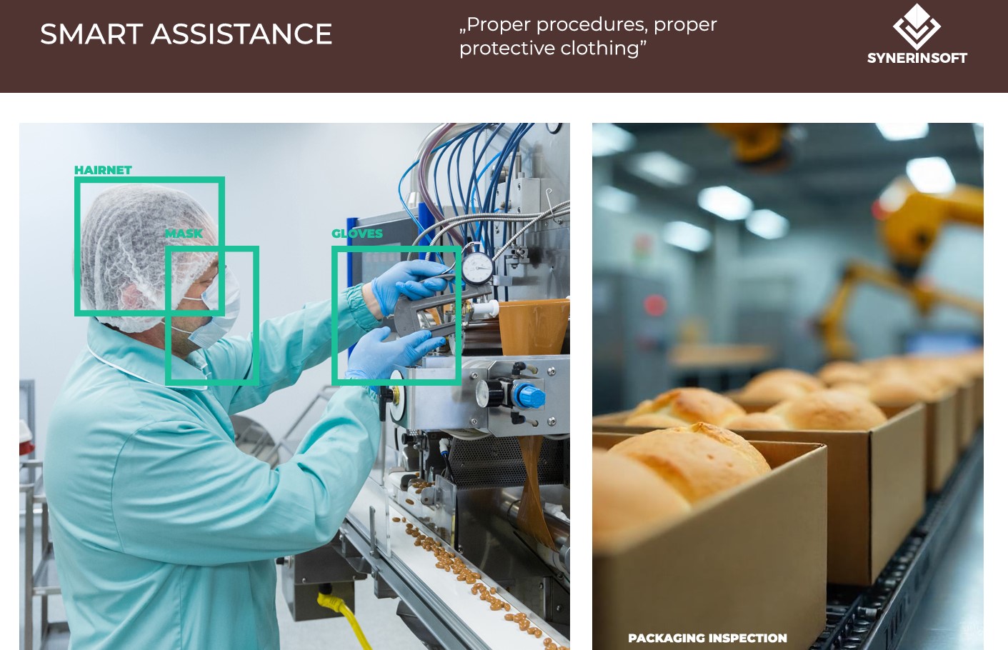 Food production line with AI vision detecting hairnet, mask and gloves, next to packaging inspection of baked goods